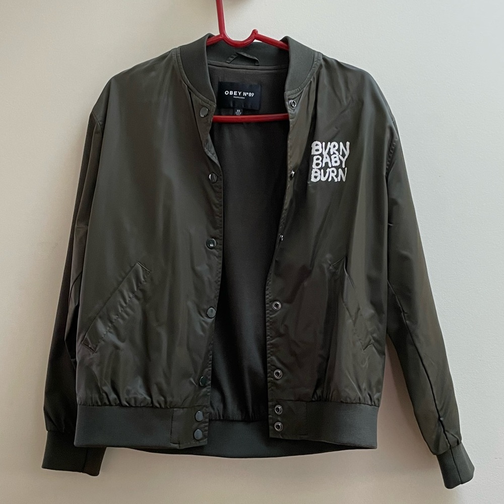 🌟HP🌟 Obey Worldwide Burn Baby Burn Olive Green Bomber Jacket